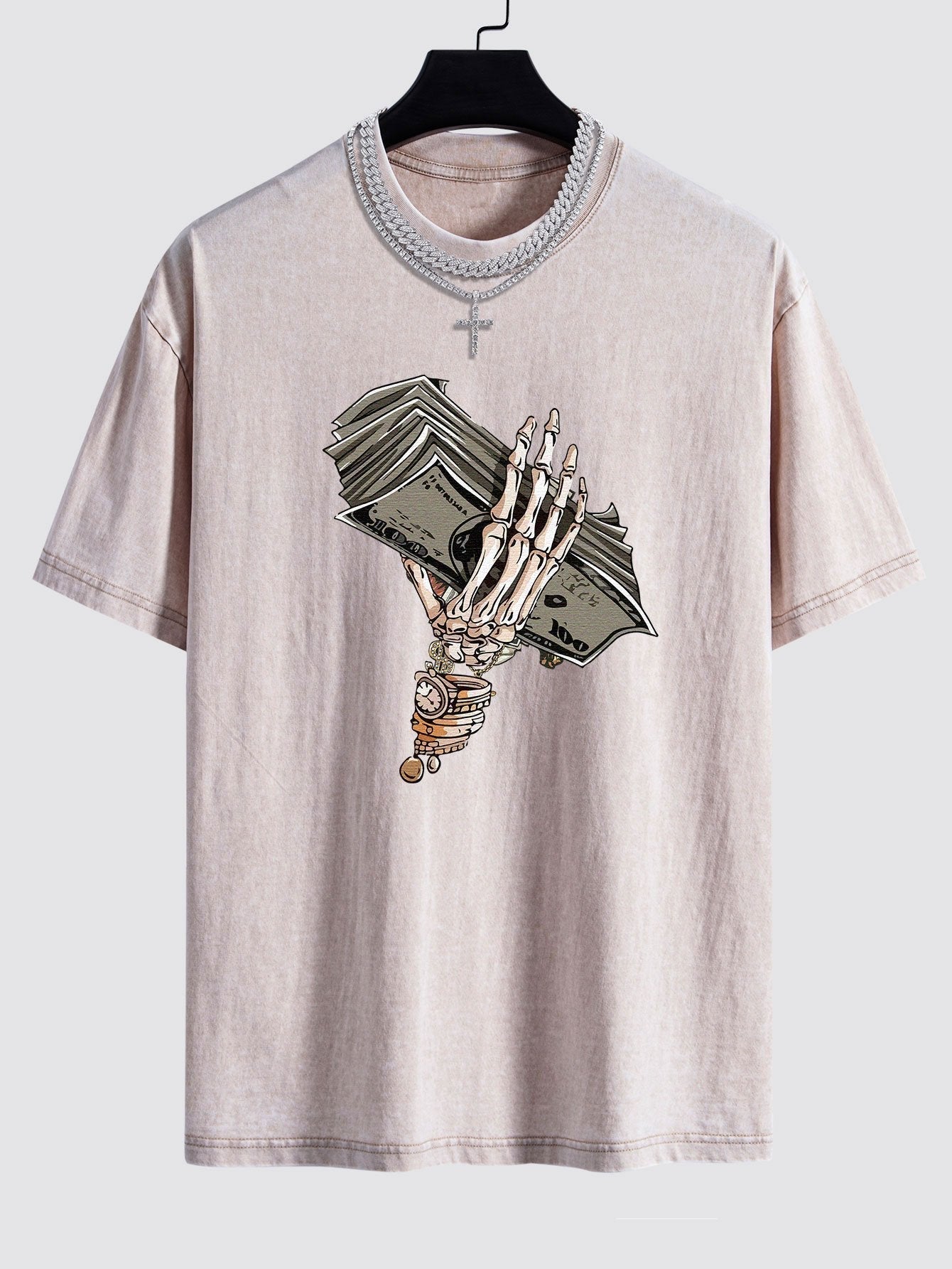 Skeleton Holding Cash Print Washed Drop Shoulder Oversize T-Shirt