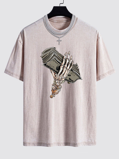 Skeleton Holding Cash Print Washed Drop Shoulder Oversize T-Shirt