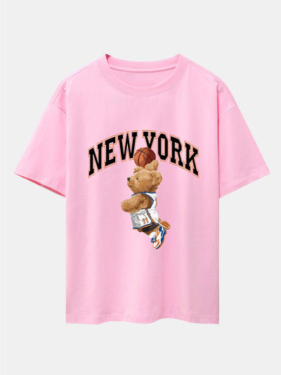 New York Basketball Bear Print Drop Shoulder Oversize T-Shirt