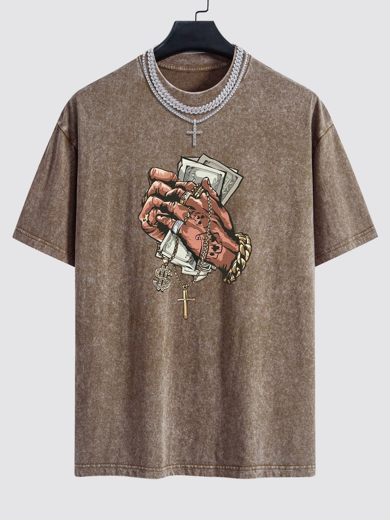 Hand Holding Cash Print Washed Drop Shoulder Oversize T-Shirt