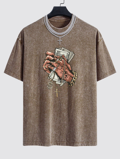 Hand Holding Cash Print Washed Drop Shoulder Oversize T-Shirt