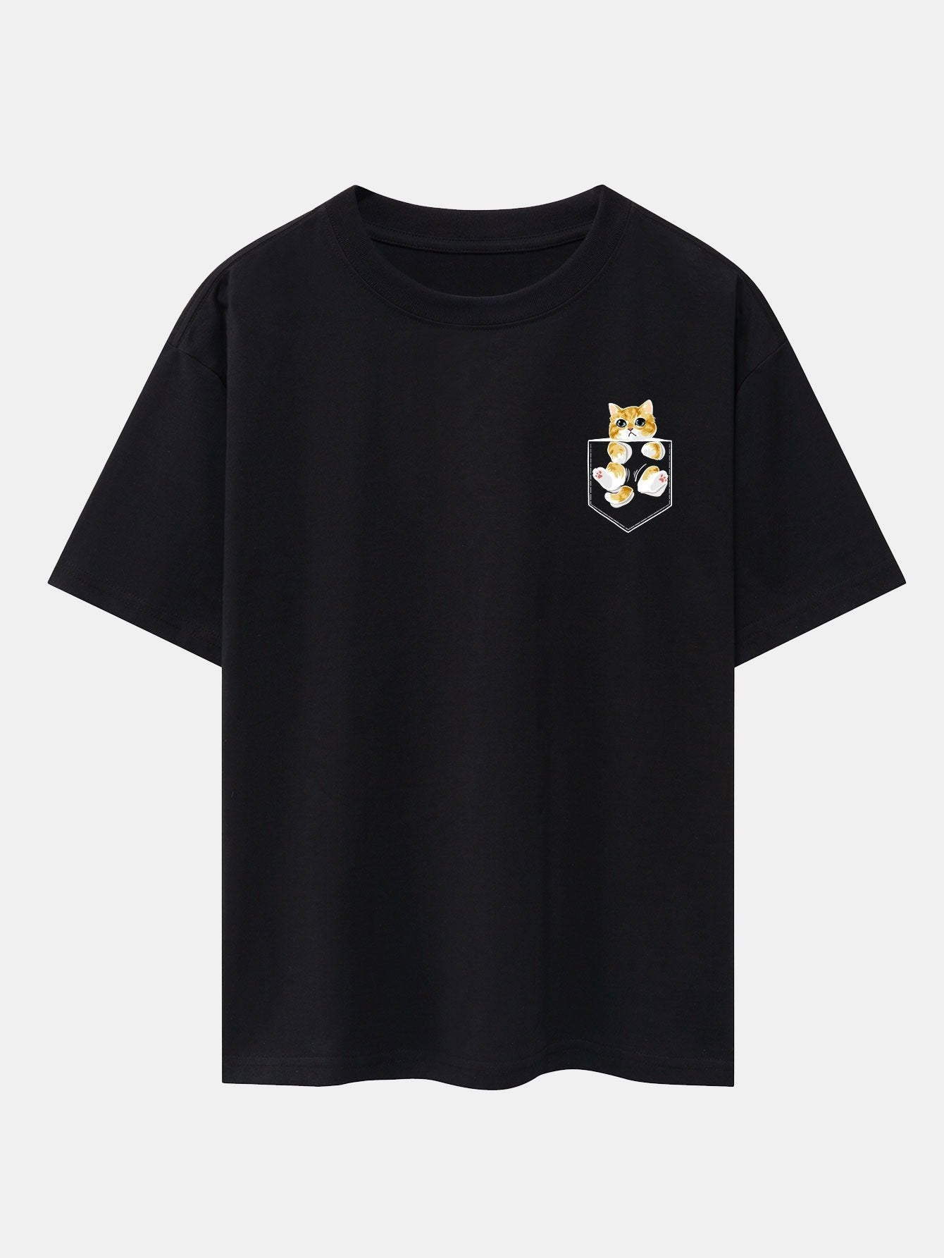 Pocket Cat Print Drop Shoulder Oversize T-Shirt