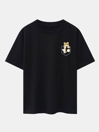 Pocket Cat Print Drop Shoulder Oversize T-Shirt