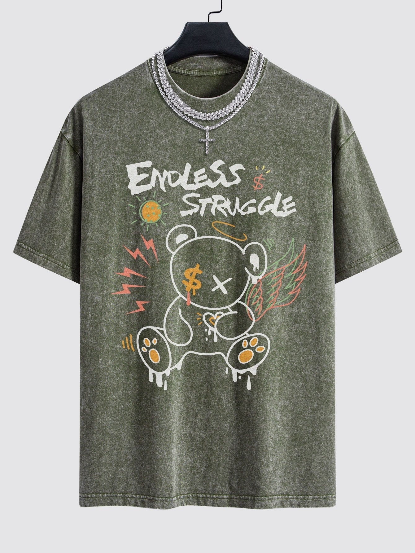 Graffiti Bear Print Washed Drop Shoulder Oversize T-Shirt