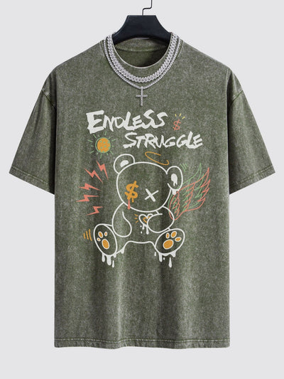 Graffiti Bear Print Washed Drop Shoulder Oversize T-Shirt