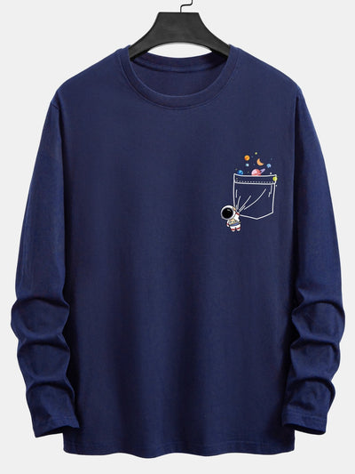 Long Sleeve Pocket Planet Astronaut Print Cotton T-Shirt