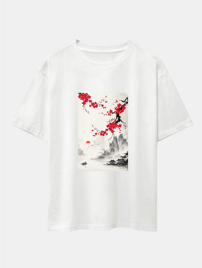 Flower Ink Landscape Print Drop Shoulder Oversize T-Shirt