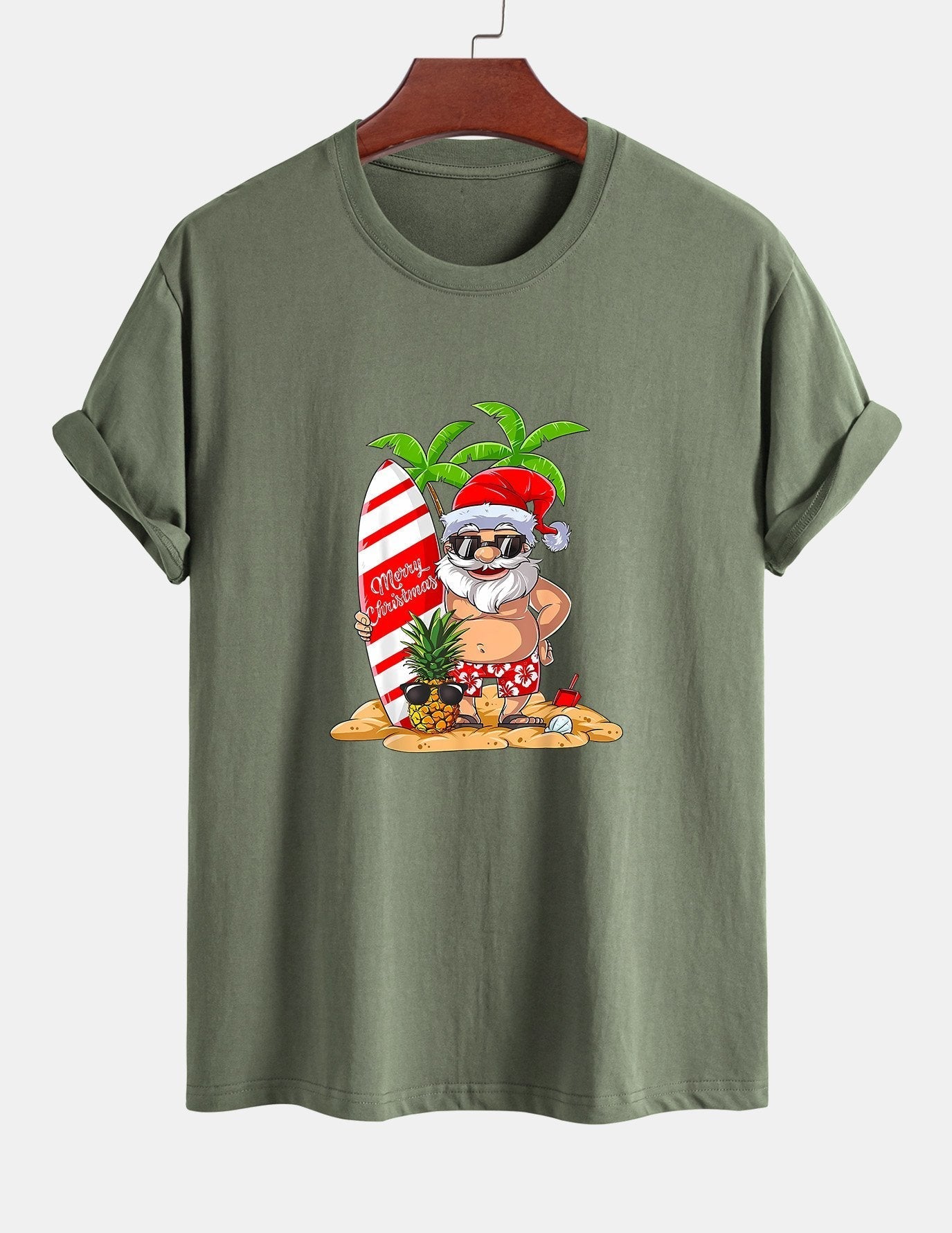 Regular Fit Summer Beach Santa Print Cotton T-Shirt