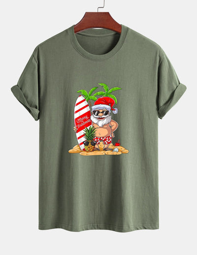 Regular Fit Summer Beach Santa Print Cotton T-Shirt