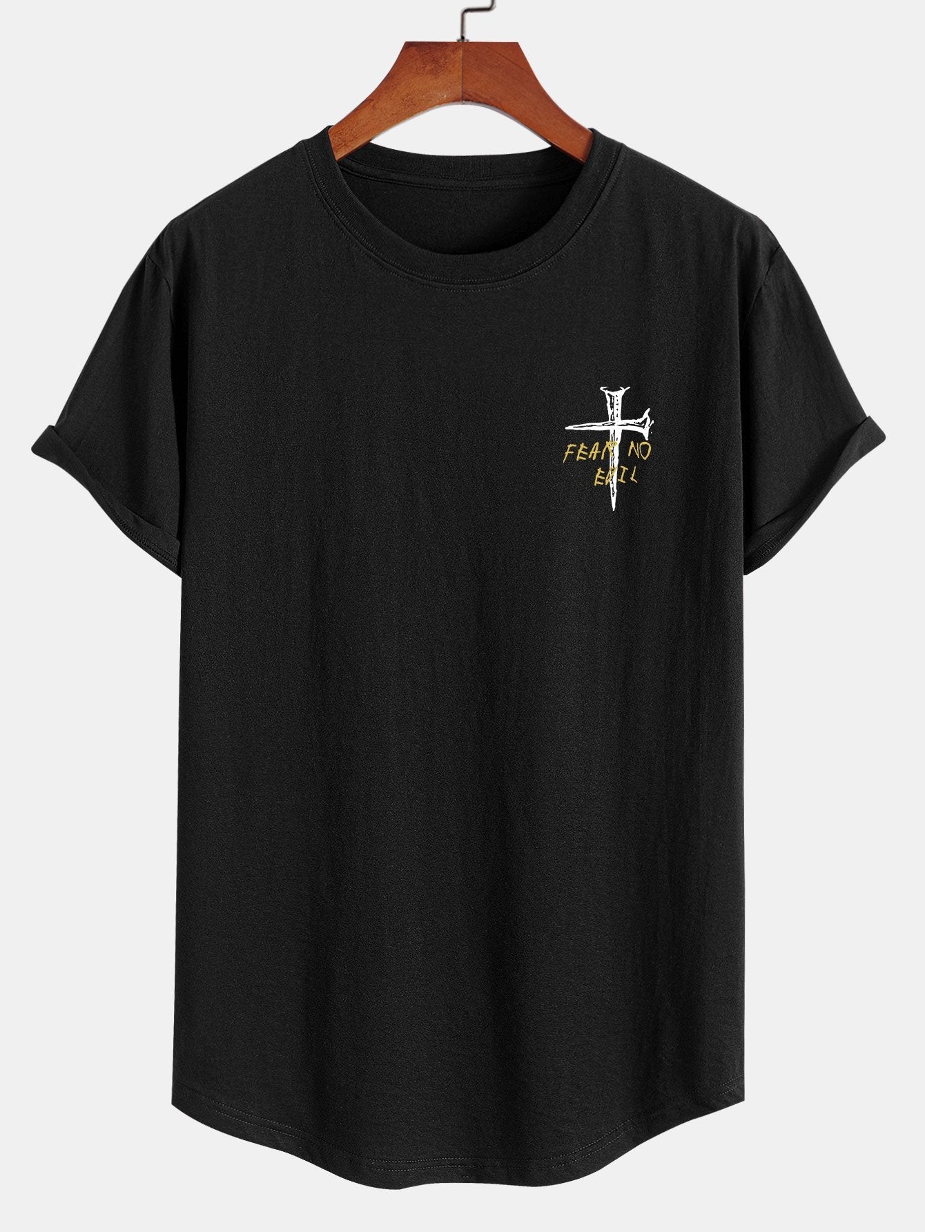 Cross Slogan Print Cotton Arc Hem T-Shirt