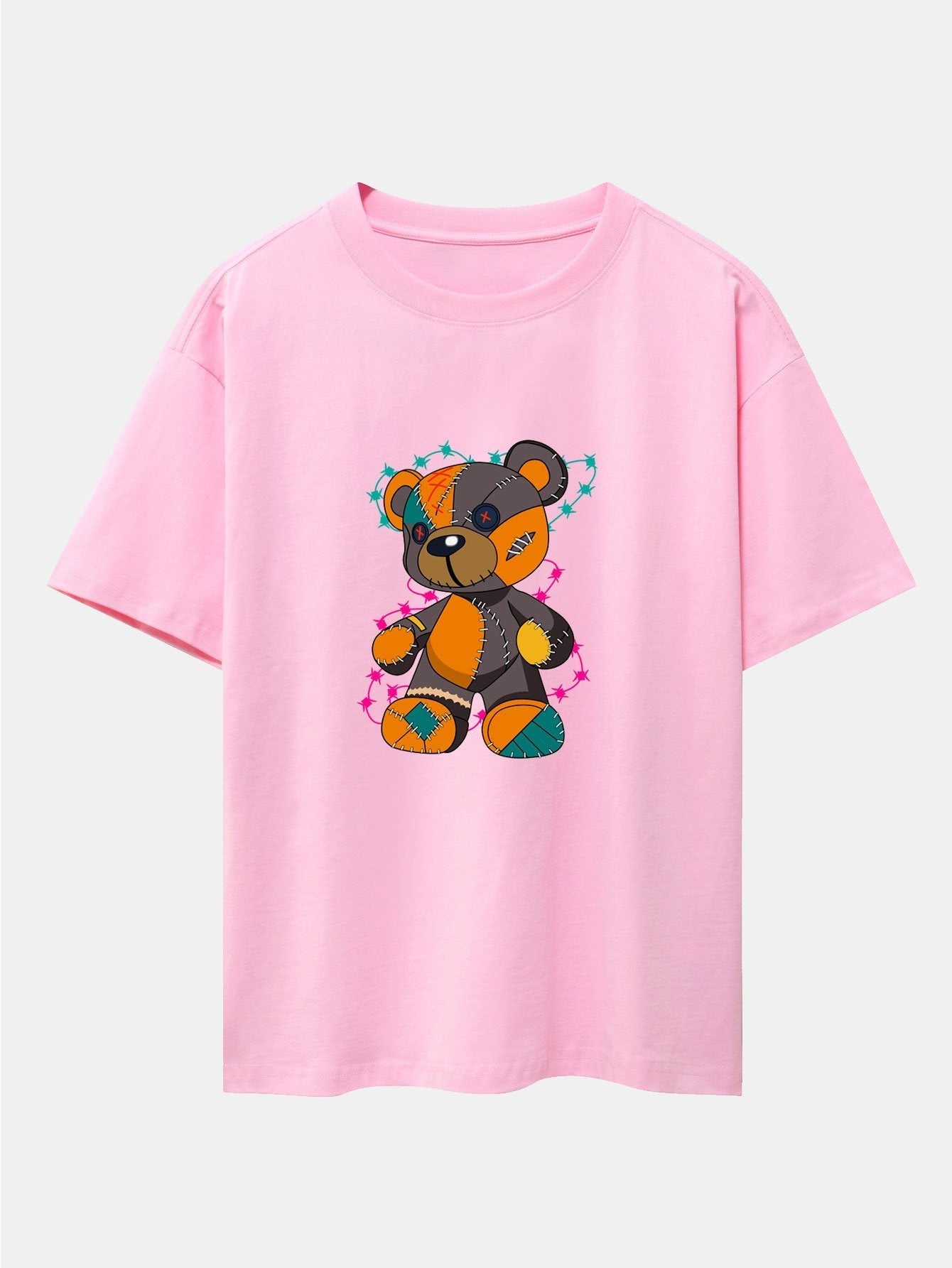 Tattered Bear Print Drop Shoulder Oversize T-Shirt