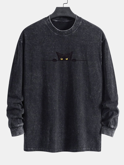 Black Cat Print Relax Fit Long Sleeve Washed Distressed T-Shirt