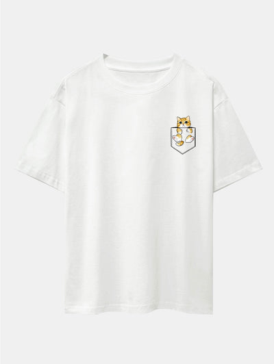Pocket Cat Print Drop Shoulder Oversize T-Shirt