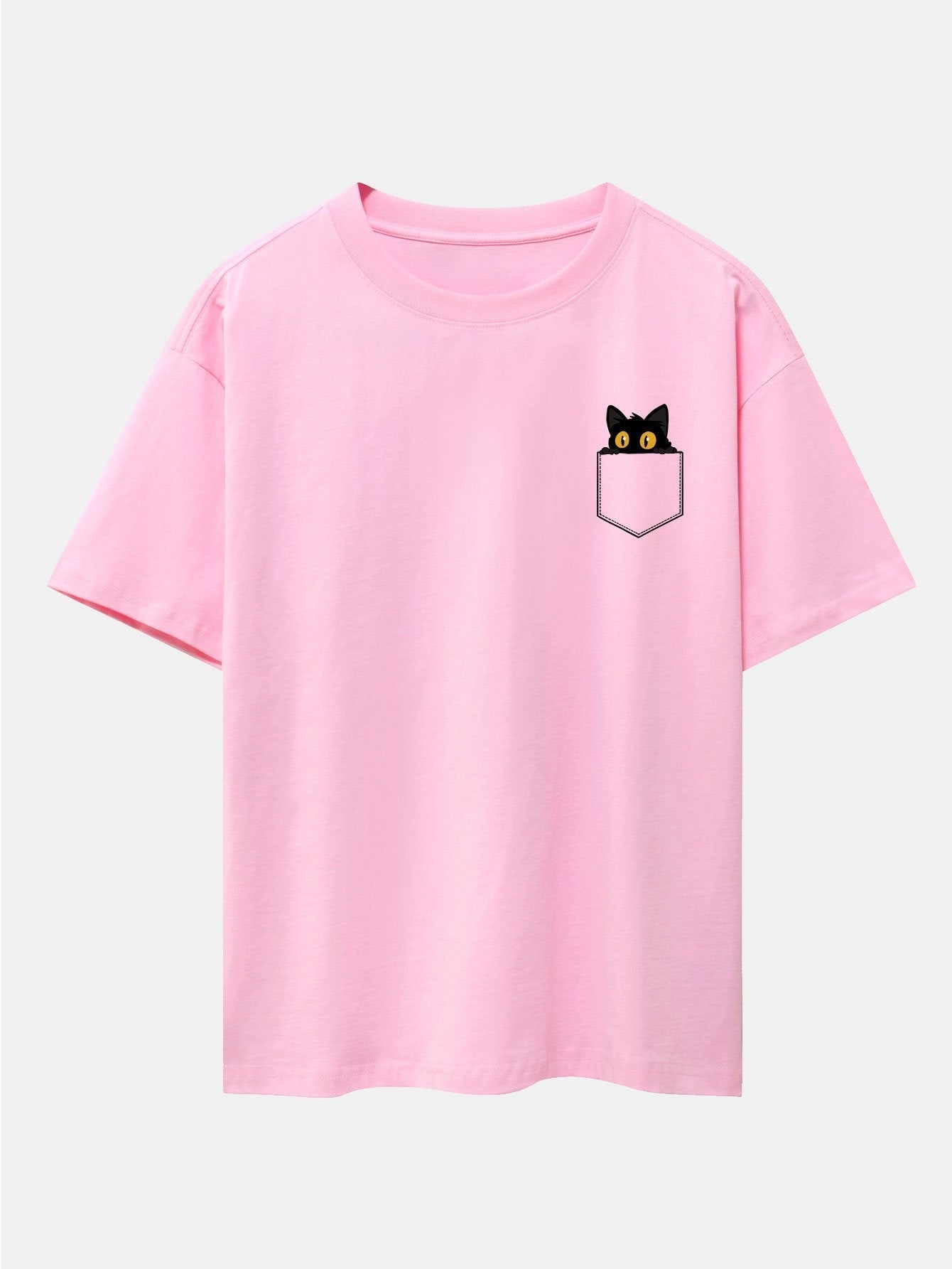 Pocket Black Cat Print Drop Shoulder Oversize T-Shirt