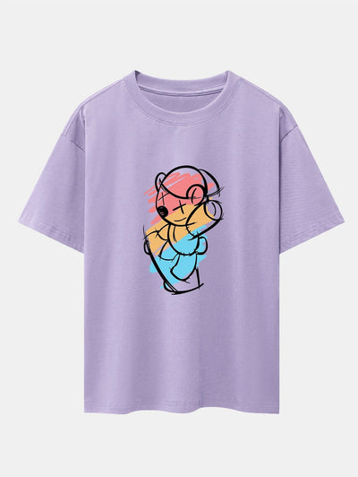 Graffiti Skateboard Bear Print Drop Shoulder Oversize T-Shirt