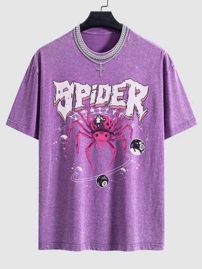 Spider Print Washed Drop Shoulder Oversize T-Shirt