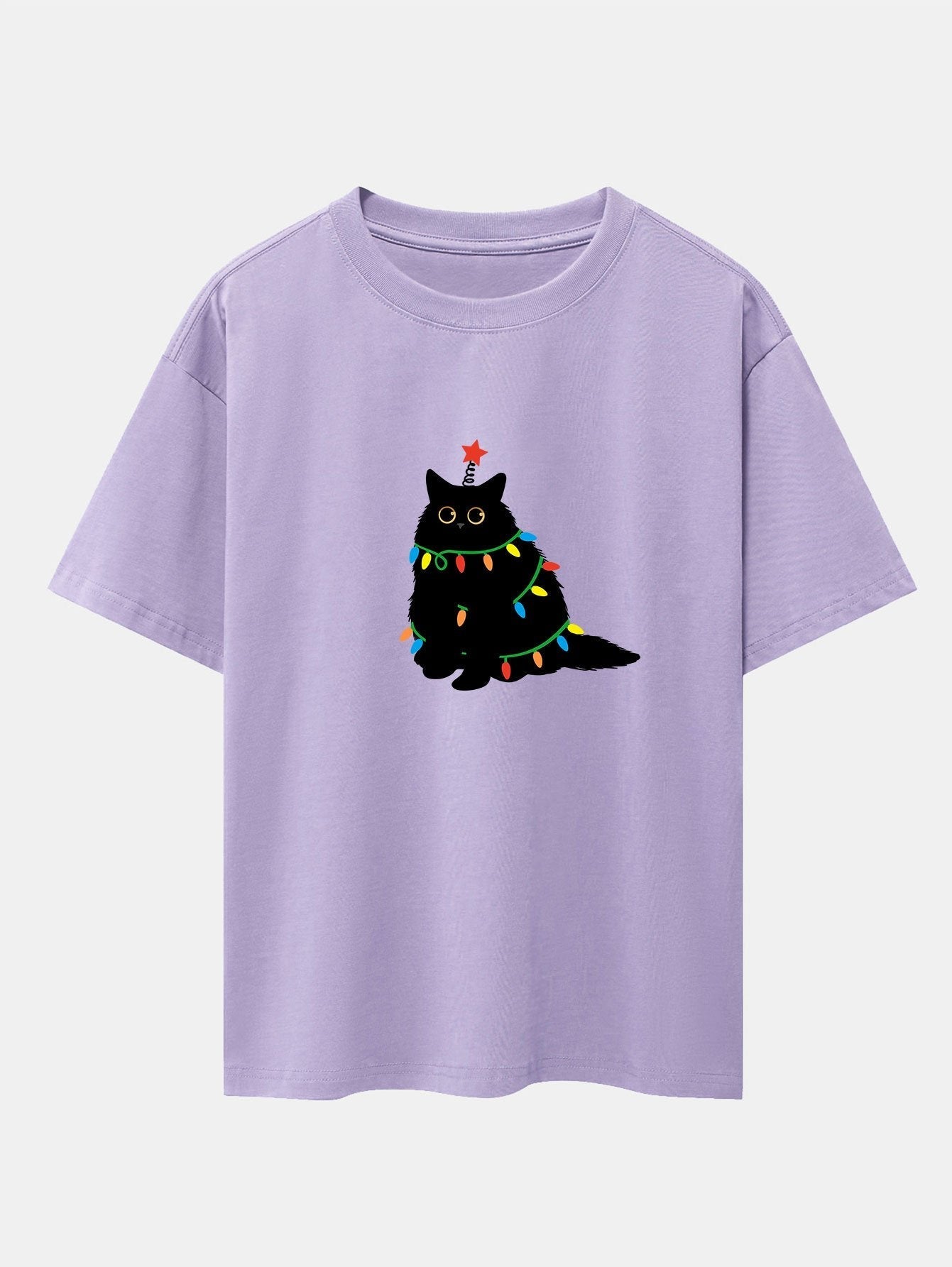 Christmas Lights Black Cat Print Drop Shoulder Oversize T-Shirt