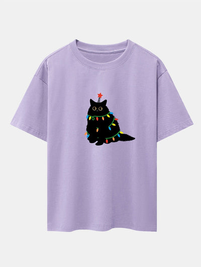 Christmas Lights Black Cat Print Drop Shoulder Oversize T-Shirt
