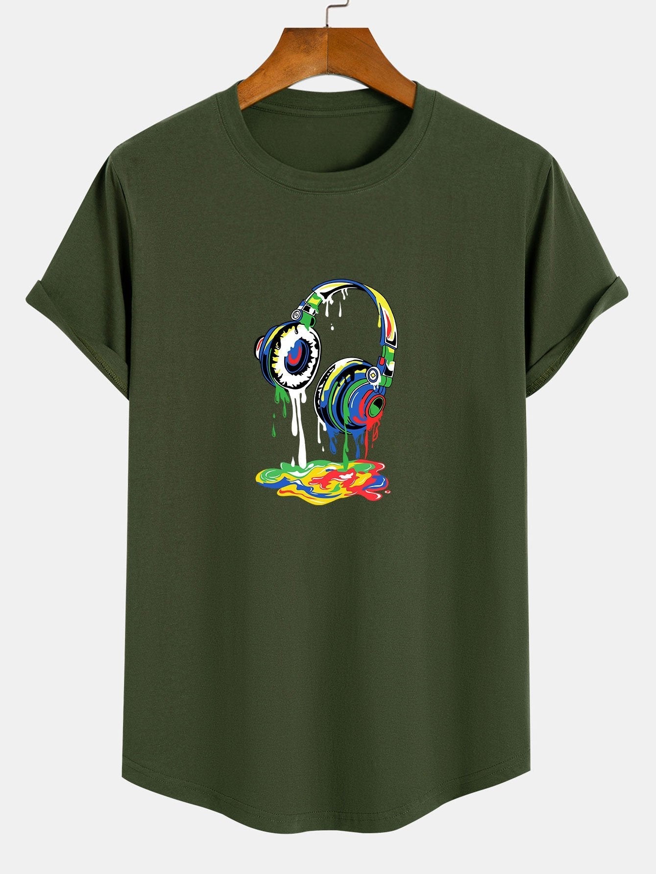Headphones Graffiti Print Cotton Arc Hem T-Shirt