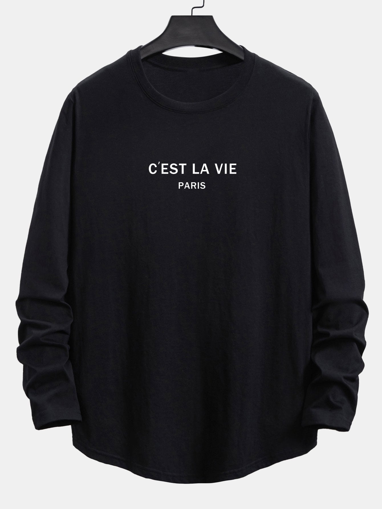 Long Sleeve Paris Slogan Print Cotton Arc Hem T-Shirt