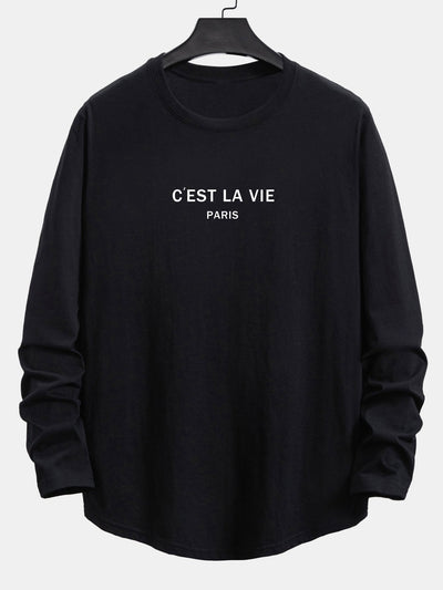 Long Sleeve Paris Slogan Print Cotton Arc Hem T-Shirt