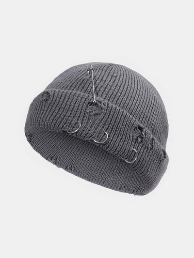 Street Hip-hop With Perforated Iron Ring Pin Knit Hat