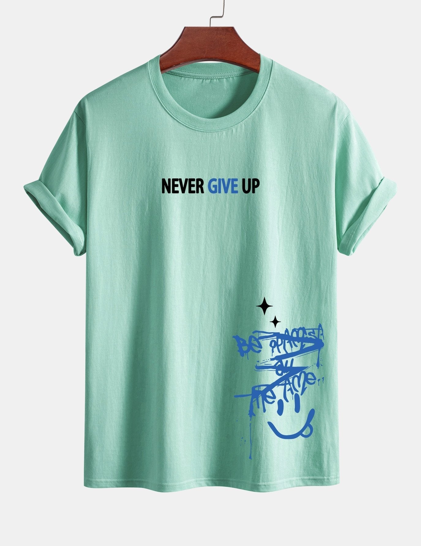Regular Fit Never Give Up Smiley Face Print Cotton T-Shirt
