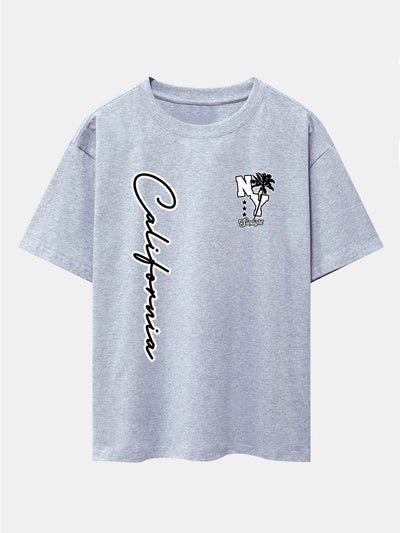 New York California Palm Tree Print Drop Shoulder Oversize T-Shirt