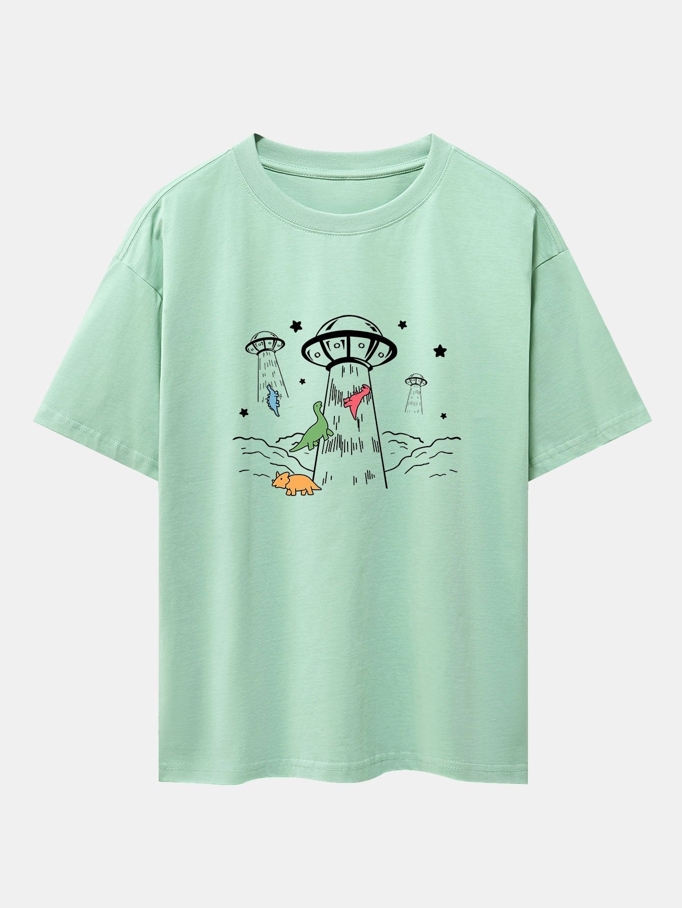 UFO Take Away Dinosaurs Print Drop Shoulder Oversize T-Shirt