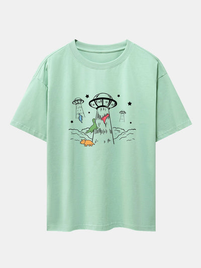 UFO Take Away Dinosaurs Print Drop Shoulder Oversize T-Shirt