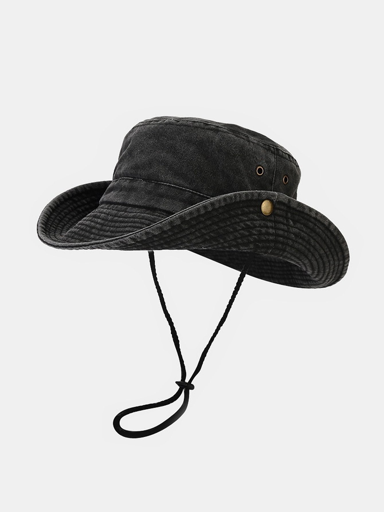 Washed Distressed Bucket Hat With Chin Strap