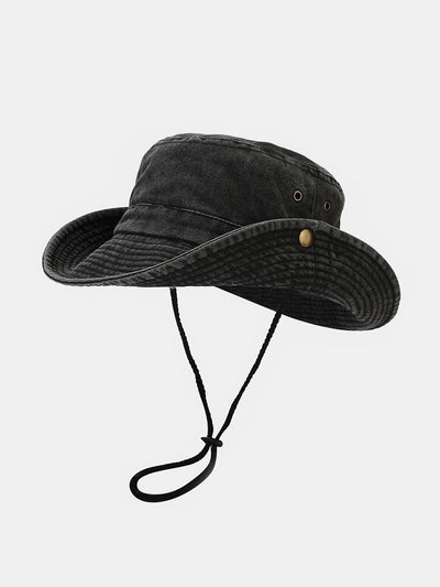Washed Distressed Bucket Hat With Chin Strap