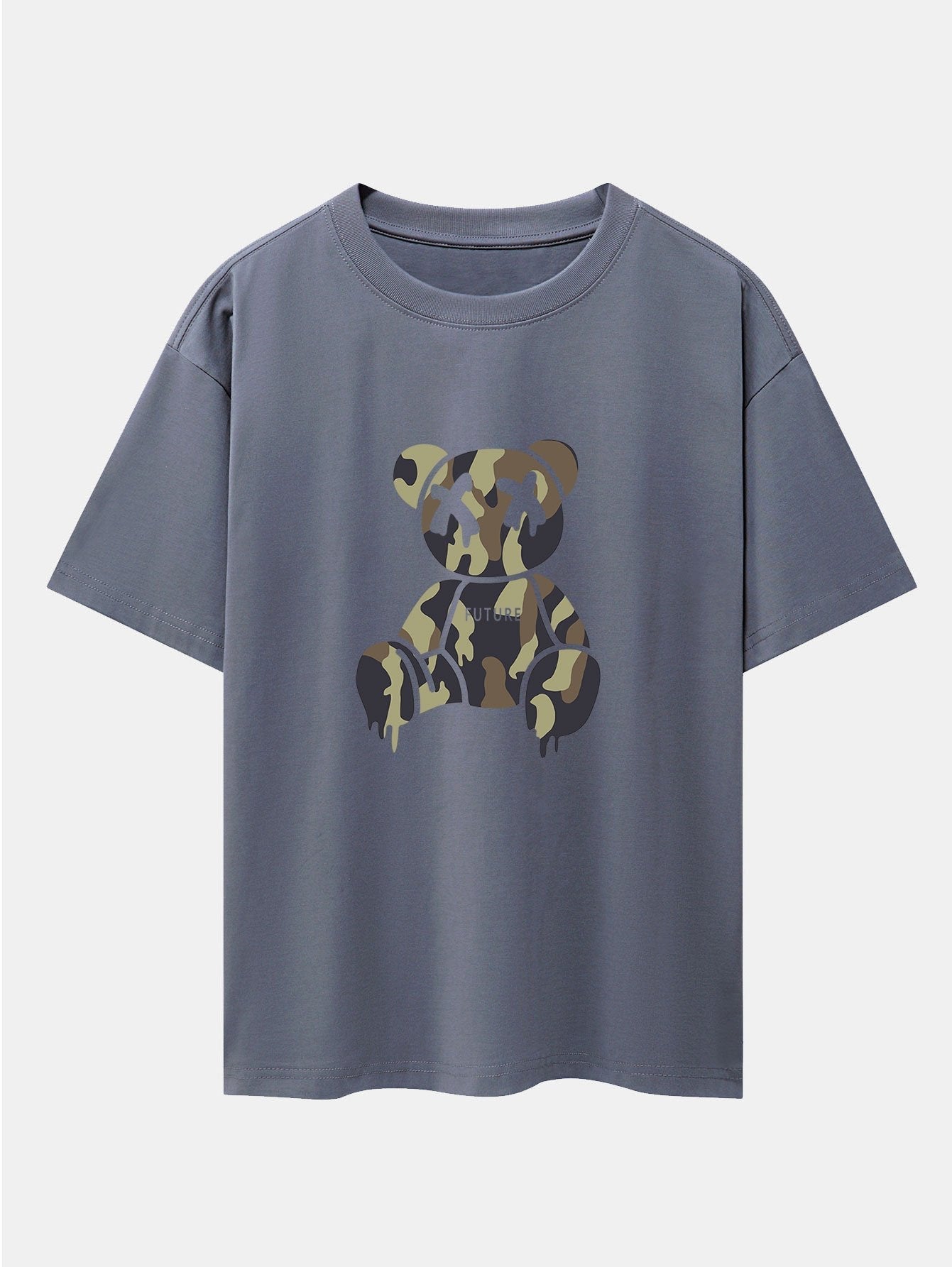 Camouflage Dissolving Bear Print Drop Shoulder Oversize T-Shirt