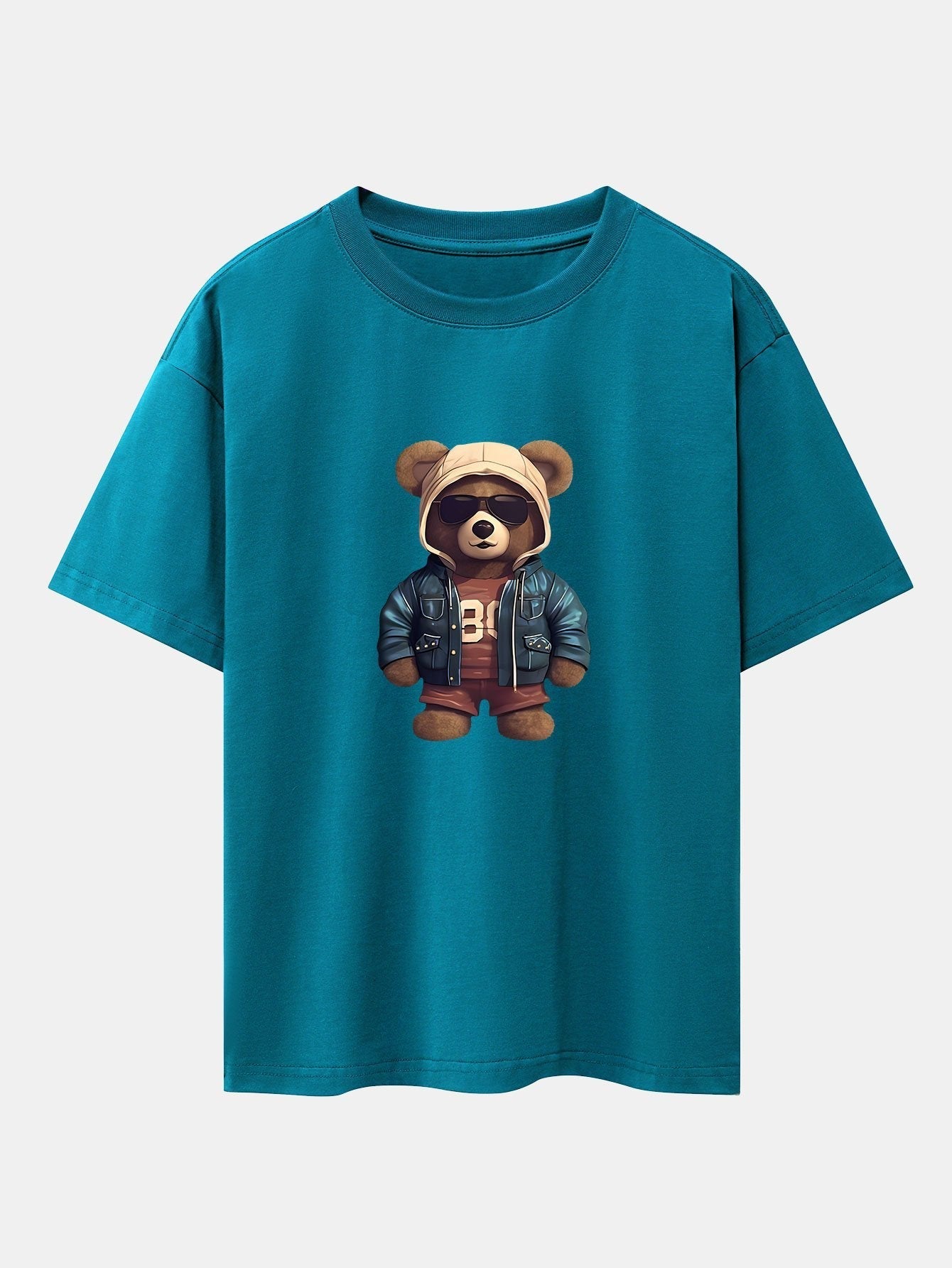 Bear In Leather Jacket Print Drop Shoulder Oversize T-Shirt