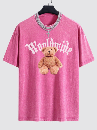 Bear Print Washed Drop Shoulder Oversize T-Shirt