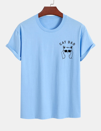 Regular Fit Cat Dad Wearing Glasses Print Cotton T-Shirt