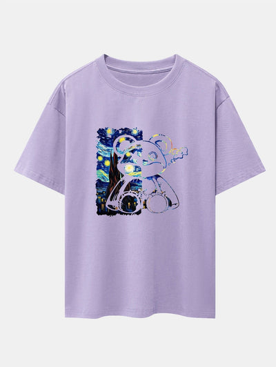 Starry Sky Bear Print Drop Shoulder Oversize T-Shirt