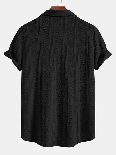 Knitted Geometric Rhombus Jacquard Button Up Shirt