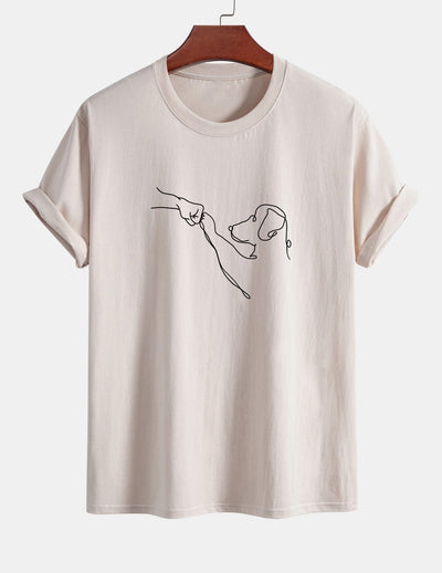 Regular Fit Dog Line Drawing Print Cotton T-Shirt