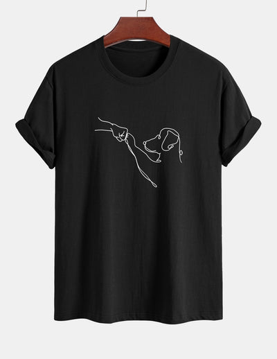 Regular Fit Dog Line Drawing Print Cotton T-Shirt