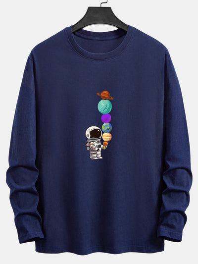 Long Sleeve Planet Astronaut Print Cotton T-Shirt