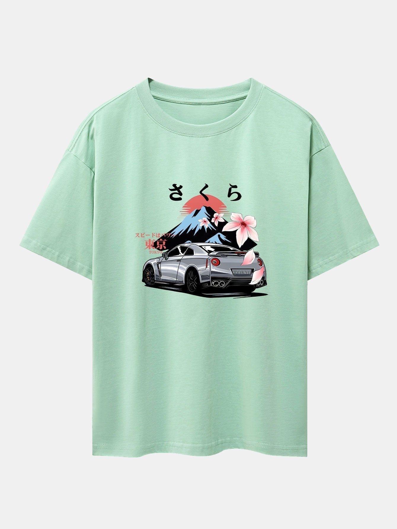 Tokyo Cherry Blossoms Car Print Drop Shoulder Oversize T-Shirt