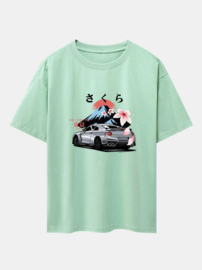Tokyo Cherry Blossoms Car Print Drop Shoulder Oversize T-Shirt