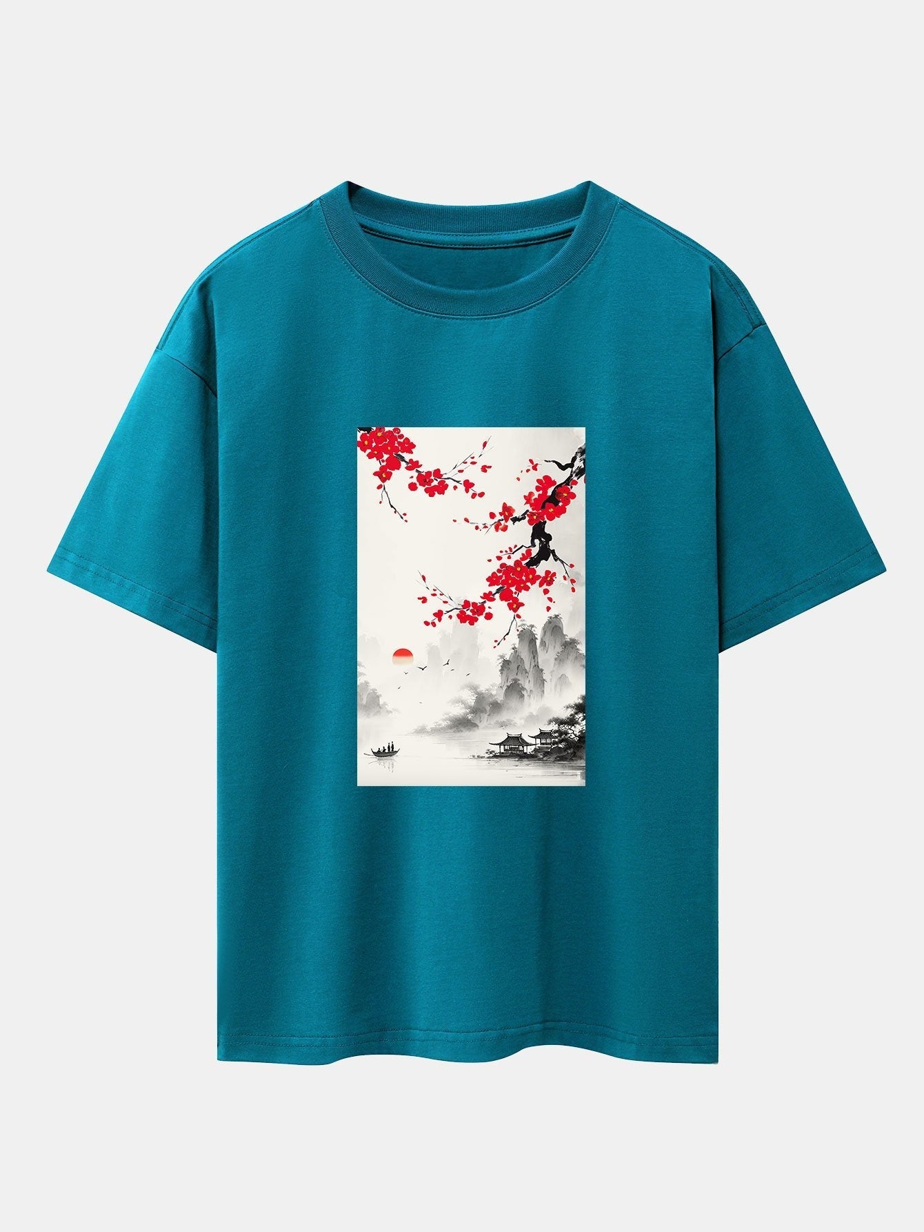 Flower Ink Landscape Print Drop Shoulder Oversize T-Shirt