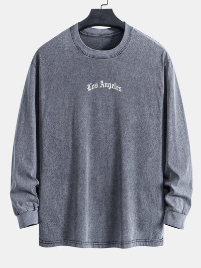 Los Angeles Slogan Print Relax Fit Long Sleeve Washed Distressed T-Shirt