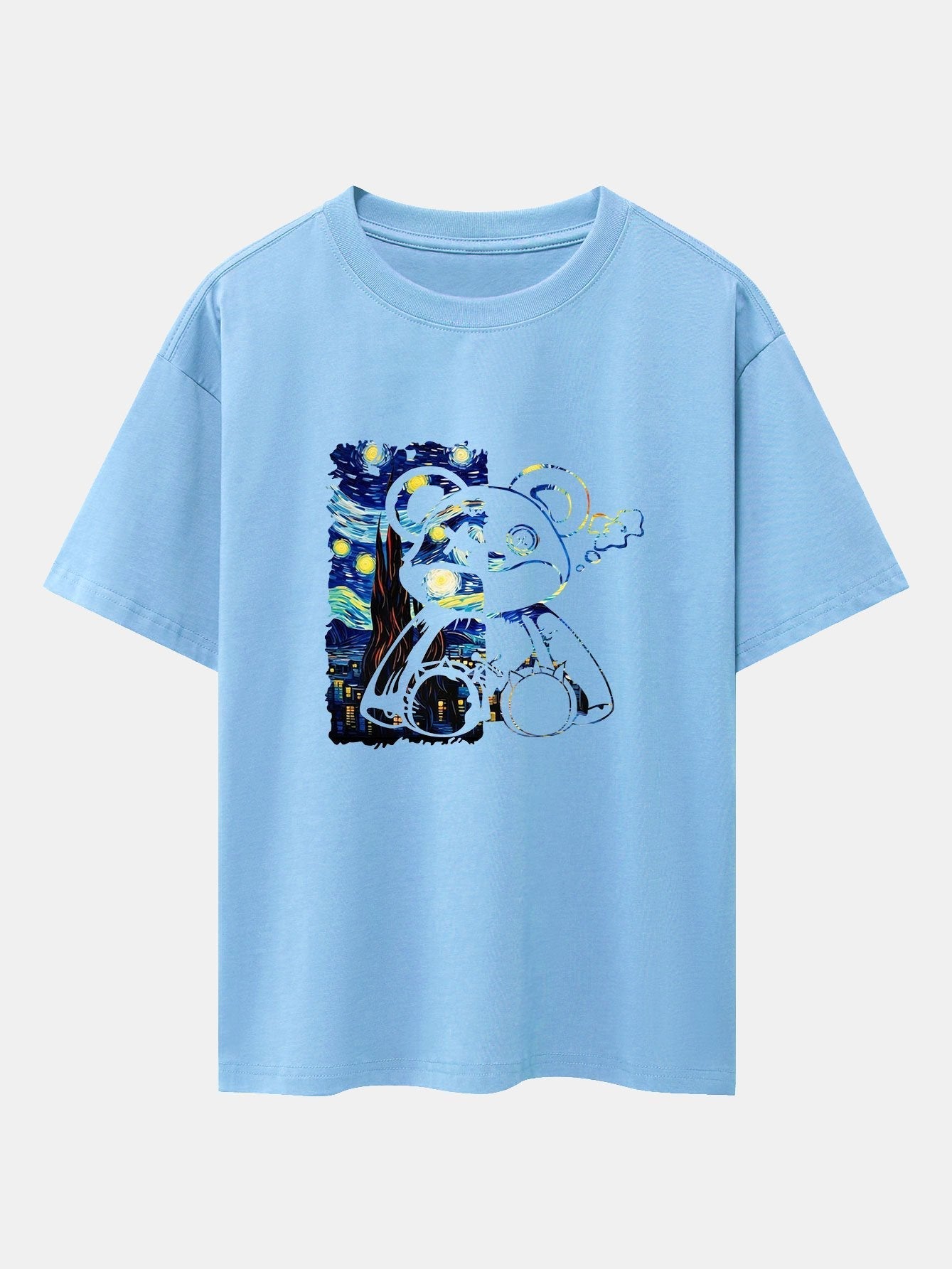 Starry Sky Bear Print Drop Shoulder Oversize T-Shirt