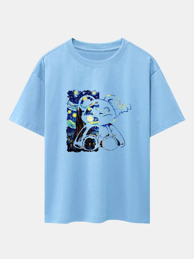 Starry Sky Bear Print Drop Shoulder Oversize T-Shirt