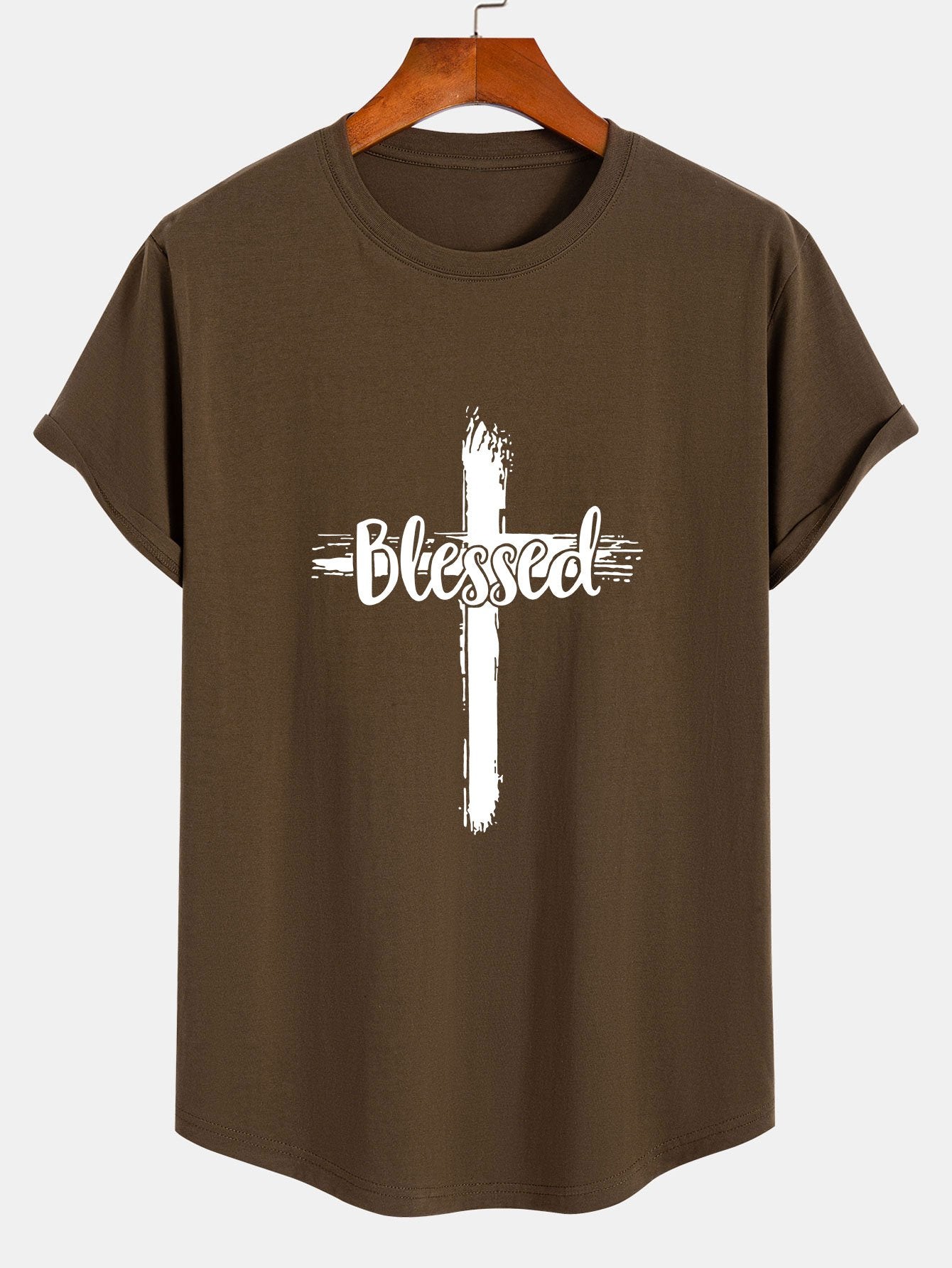 Blessed Cross Print Cotton Arc Hem T-Shirt