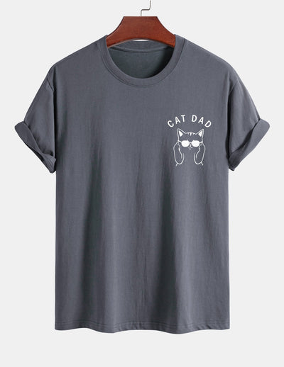 Regular Fit Cat Dad Wearing Glasses Print Cotton T-Shirt