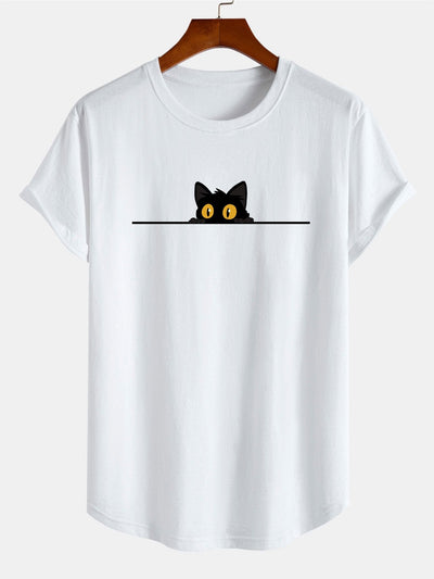 Black Cat Print Cotton Arc Hem T-Shirt